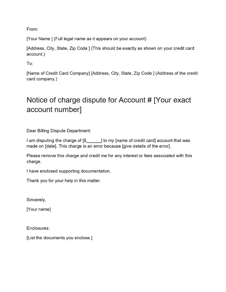 Sample Letter For Disputing Credit Debit Card Charges