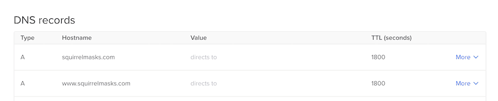 A list of A records for a given domain name.