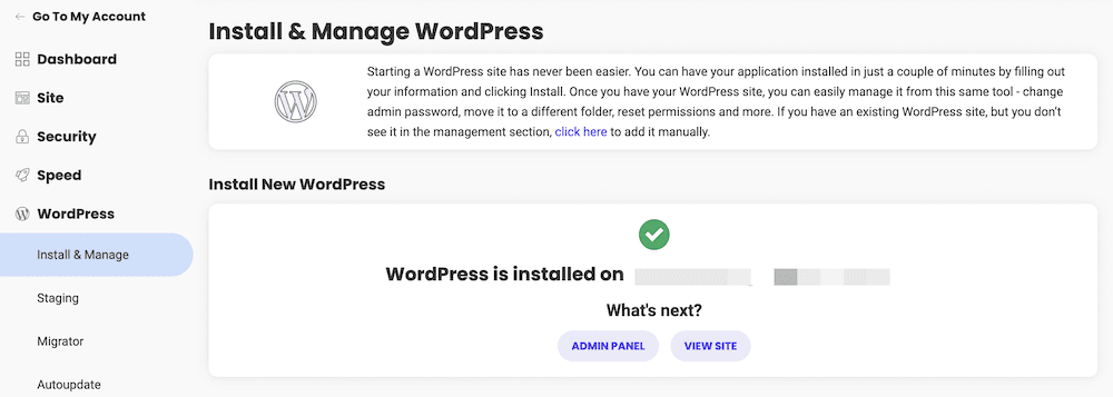 How to install SiteGround on WordPress: a completed installation of WordPress, complete with notification.