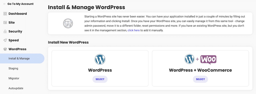 How to install SiteGround on WordPress: the Install and Manage WordPress screen.