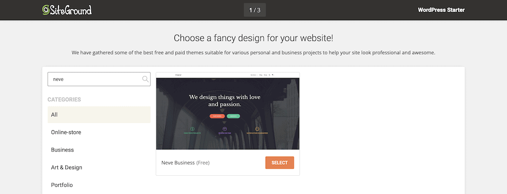 Choosing a theme using the WordPress Starter wizard.