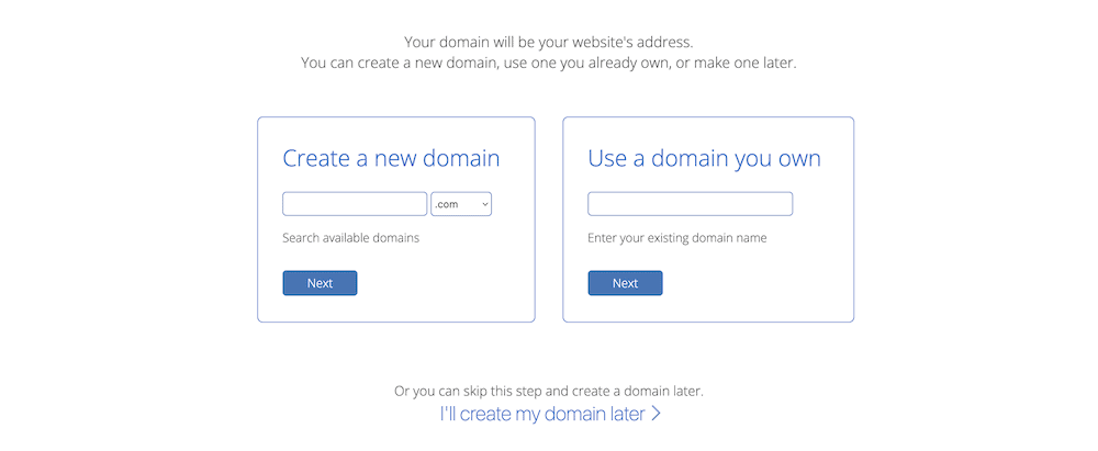 Choosing a domain within the Bluehost setup screen.