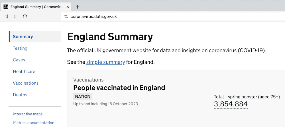 Example of Coronavirus data UK government site.