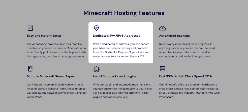 The features page from Hostinger's Minecraft Server plan, highlighting the use of static IP addresses, to help readers understand static vs dynamic IP addresses.