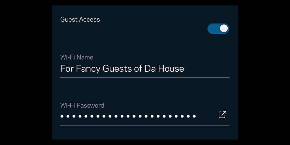 A screen showing the credentials for a guest Wi-Fi account.