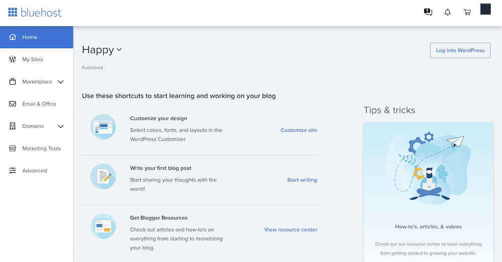 The main Bluehost dashboard.