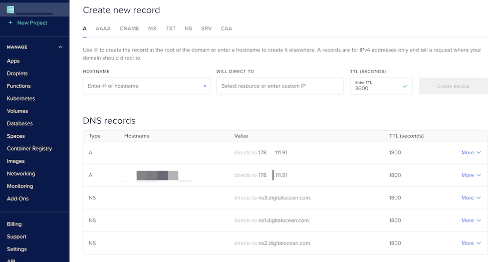 The DigitalOcean DNS management screen.