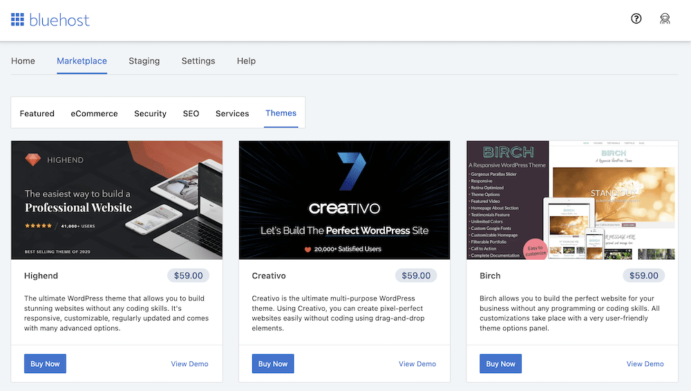 The Bluehost themes marketplace.
