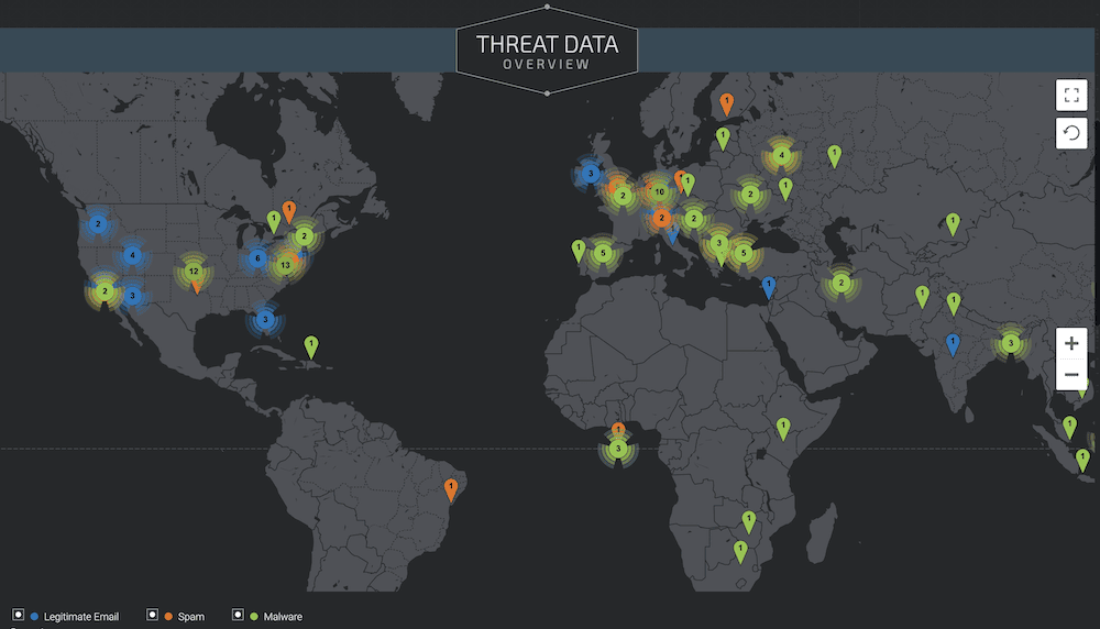 A map that shows various threats of email servers across the globe.