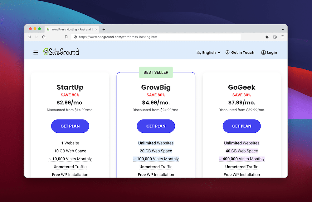 SiteGround's pricing tables on its website.