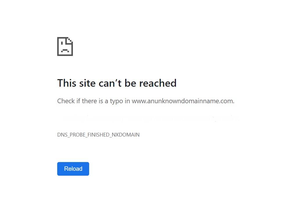 Example of domain parking showing a "this site can't be reached" screen.