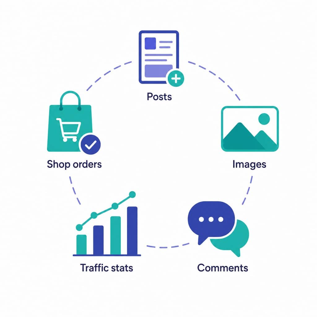 Icon map of what an AI can do on a WordPress site through MCP: posts, images, comments, traffic stats, and shop orders