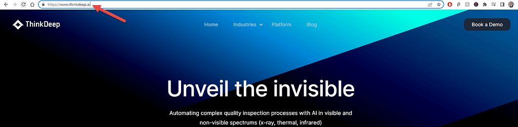 ThinkDeep.ai homepage with a red arrow pointing at the URL