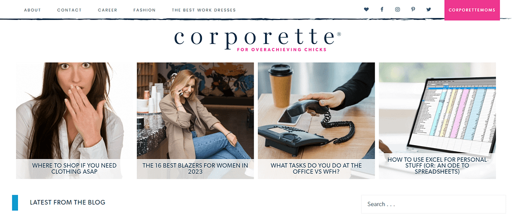 Corporette homepage slider with image  links to four popular articles.