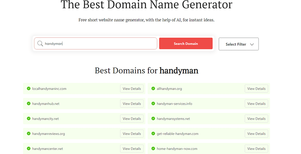Handyman business name: DomainWheel search for "handyman"