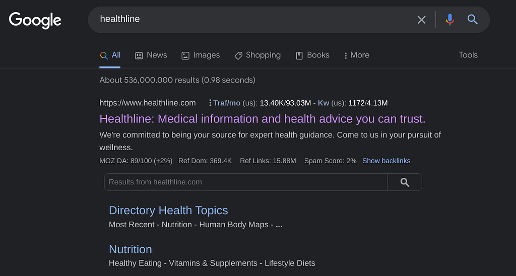 Tagline definition: search results example from Healthline