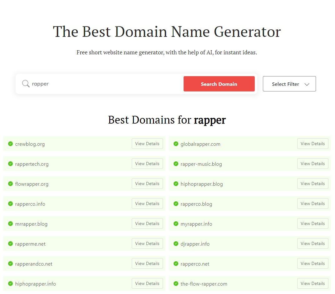 DomainWheel rapper name generator search for "rapper"