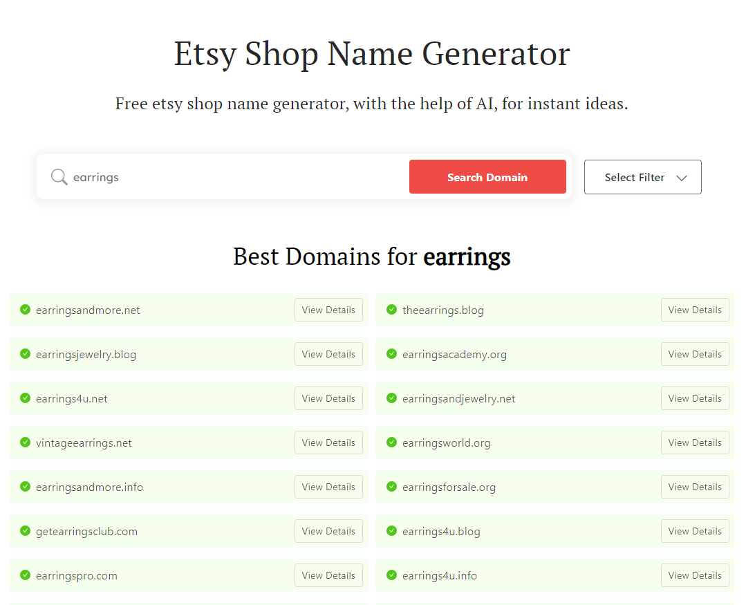 DomainWheel Etsy Shop name generator search results for "earrings"