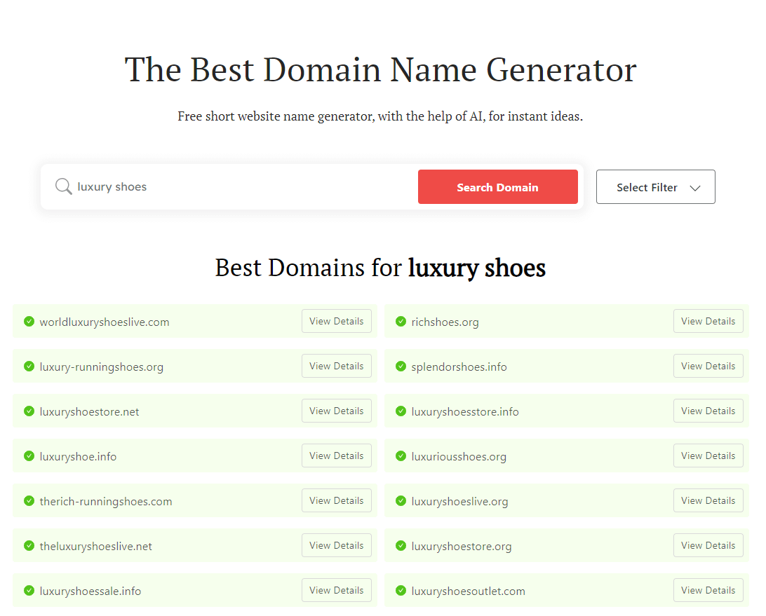 DomainWheel shoe company names generator search results for "luxury shoes"