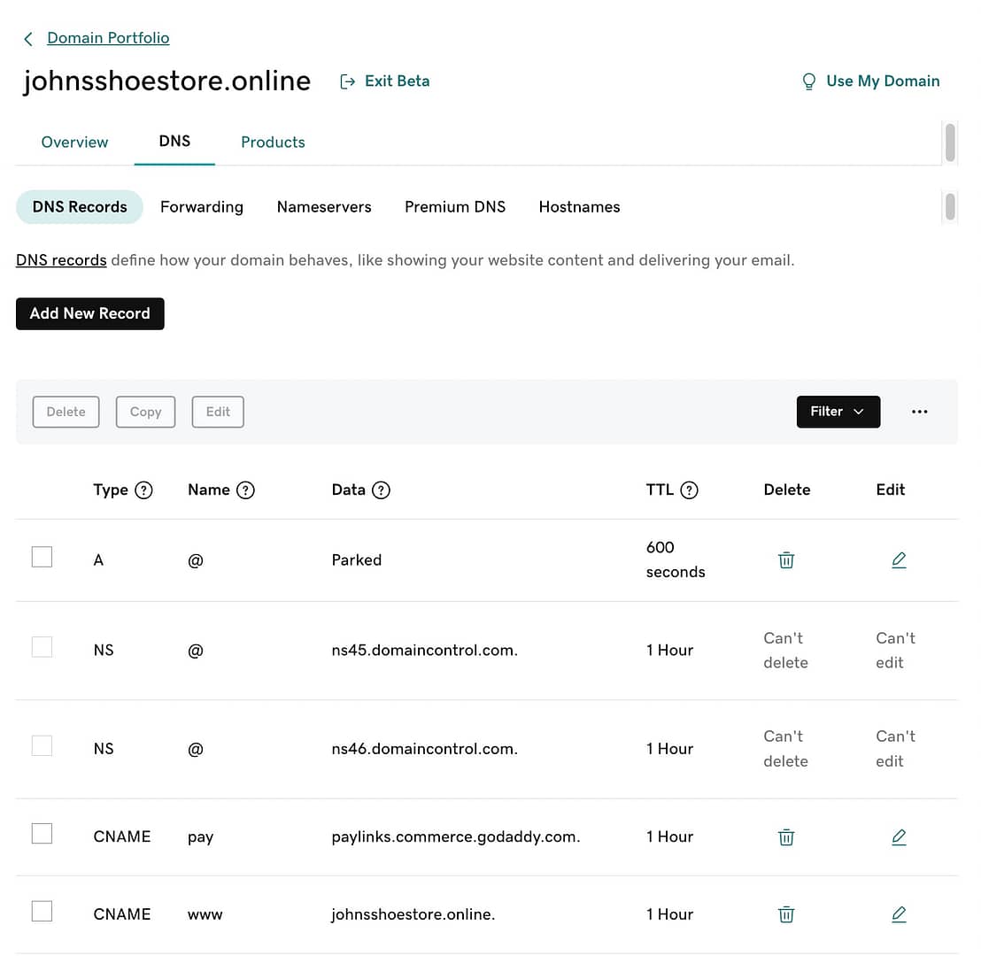 How to create subdomain in GoDaddy: DNS records area for Johnsshoestore.online.