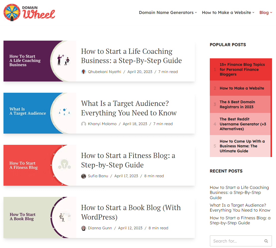 Website vs blog: DomainWheel blog layout 