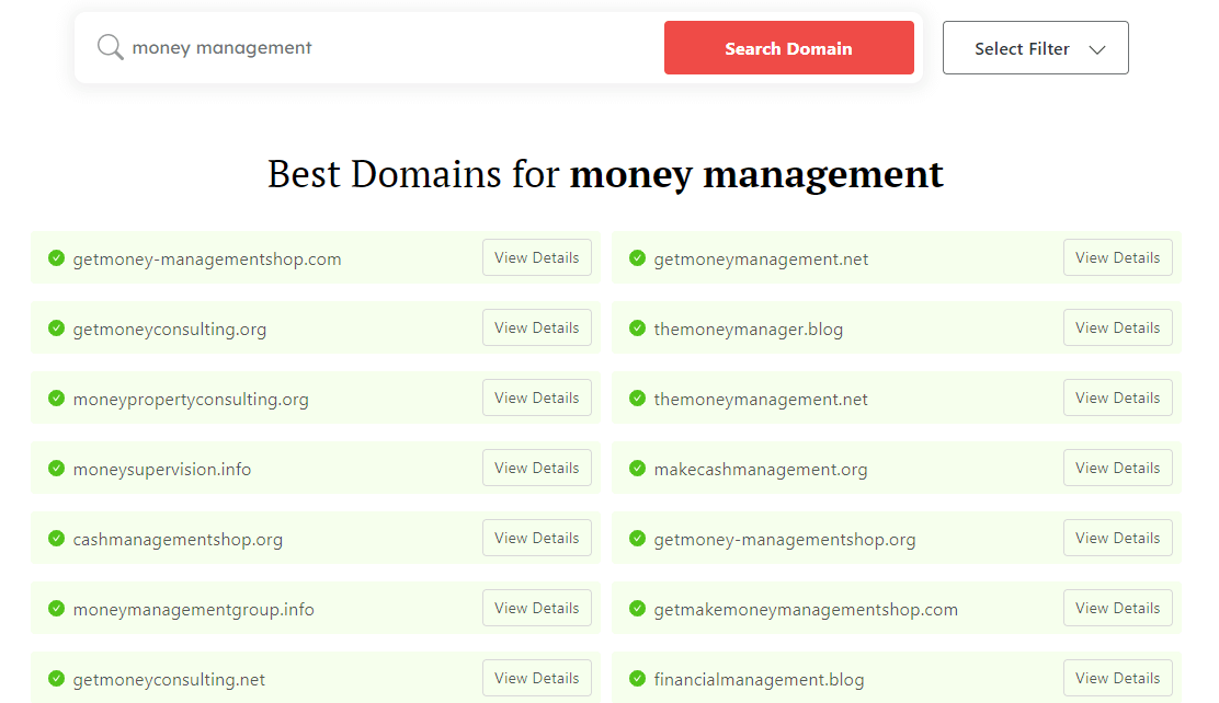 DomainWheel search using "money management" as a keyword for finance company names.