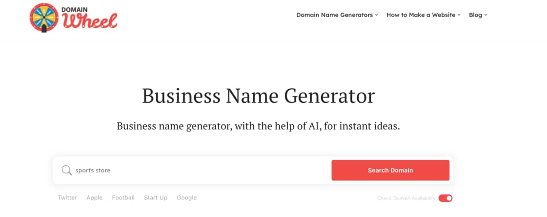 How to create an online store: DomainWheel Business Name Generator search area