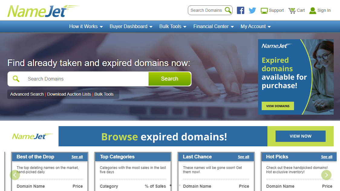 NameJet homepage with options to buy expired domains with traffic.