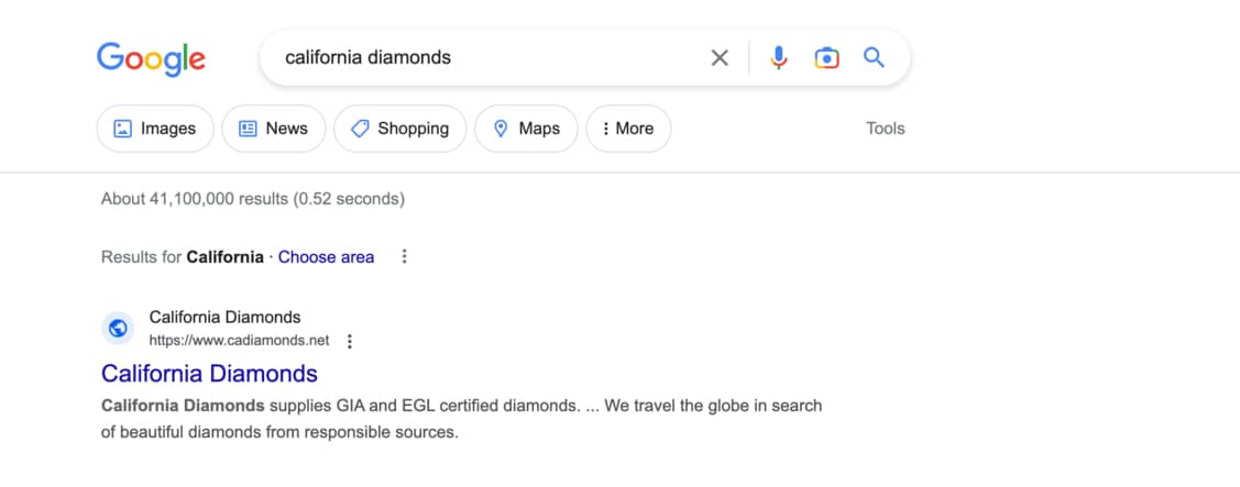 Is my business name taken: California Diamonds Google search results