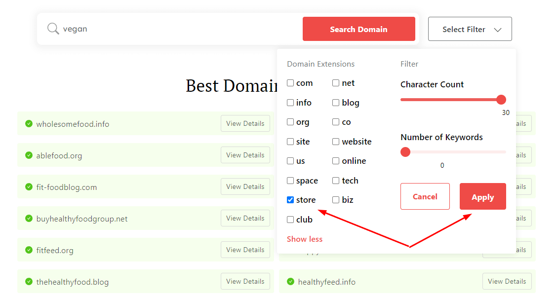 Using the domain extension filter in the domain wheel generator to specifically choose a .store domain extension.