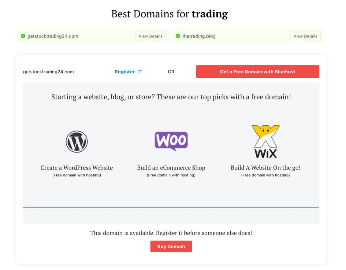 DomainWheel Buy Domain screen for trading company names search