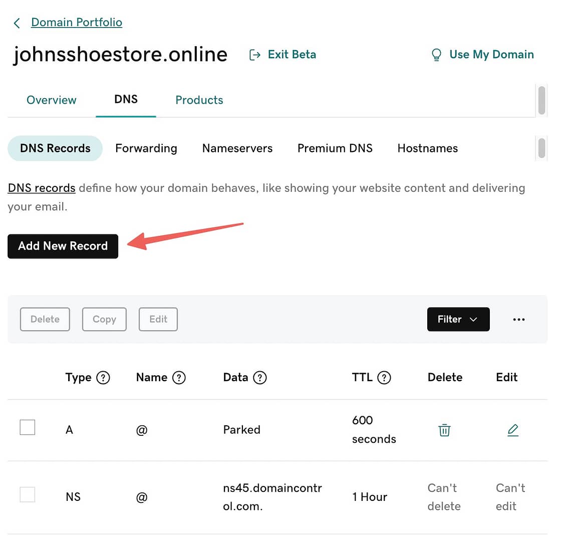 How to create subdomain in GoDaddy: Johnsshoestore.online DNS Records with a red arrow pointing at the "Add New Record" button.