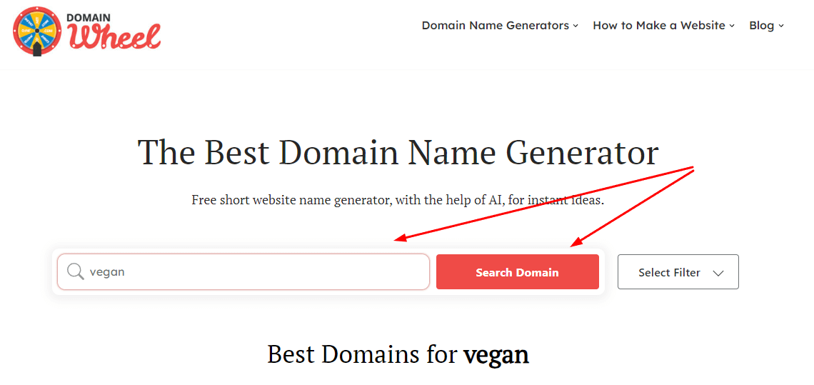 Using the domain wheel domain name generator to come up with .store domain ideas for a vegan food store.