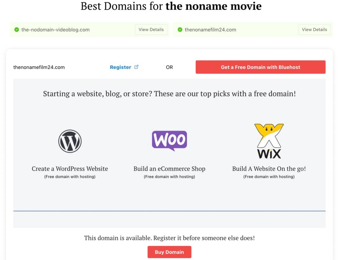 Movie name generator domain and web hosting suggestions
