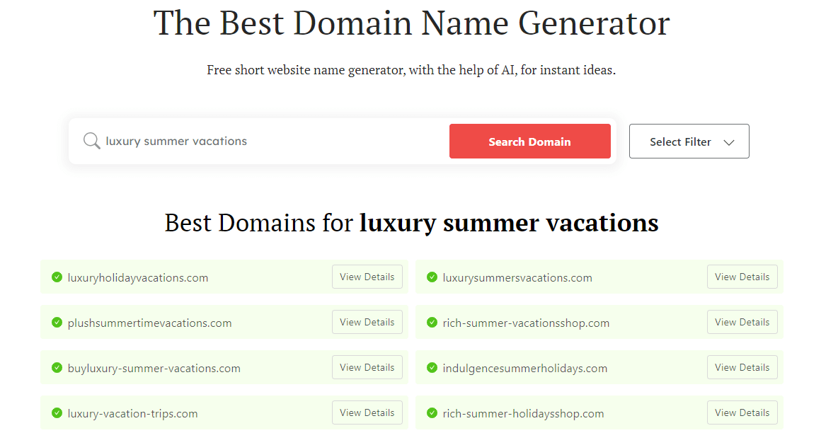 Tips for starting your own business: Using DomainWheel to search for names for "luxury summer vacations"
