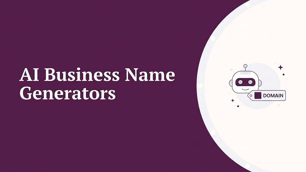 AI business name generators with domain checks: a robot head next to a domain name tag