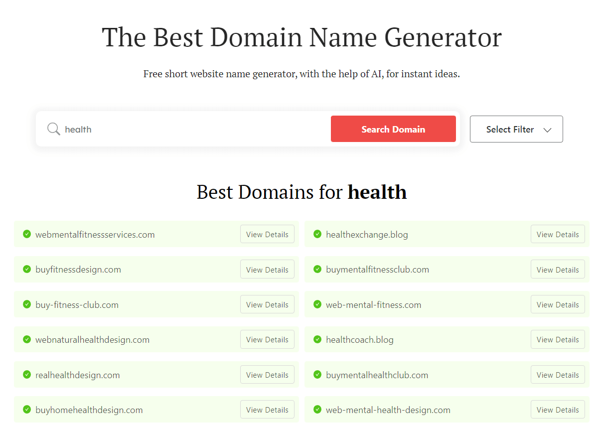 How to choose a domain name: DomainWheel domain name generator search results for "health"