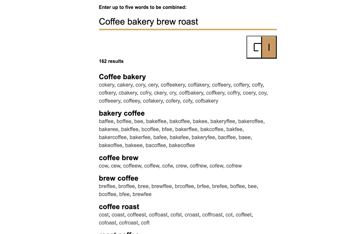 Neologisms that can be used to make unique domains based on the words "Coffee bakery brew roast".