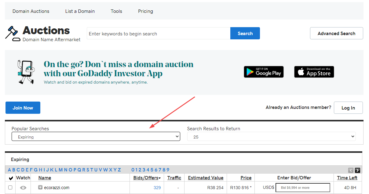 GoDaddy Domain Auctions with an arrow pointing to the "Expiring" search filter to help users buy expired domains with traffic.