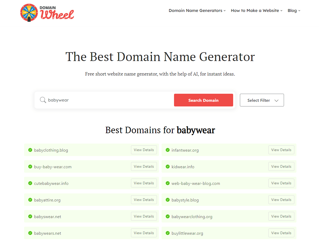 Using the DomainWheel business name generator to search for "babywear".