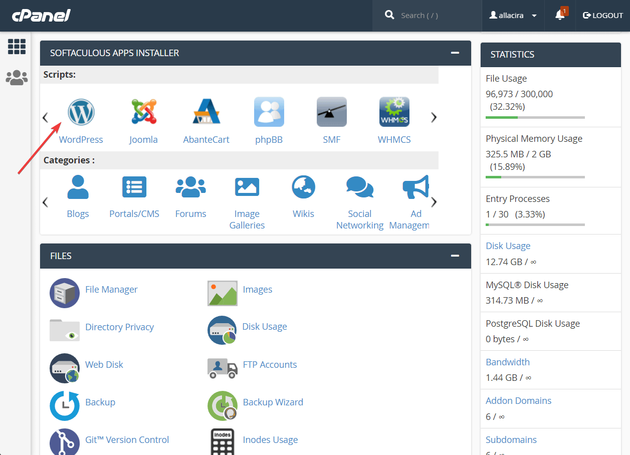 CPanel with a red arrow pointing at the WordPress logo on the right side of the image