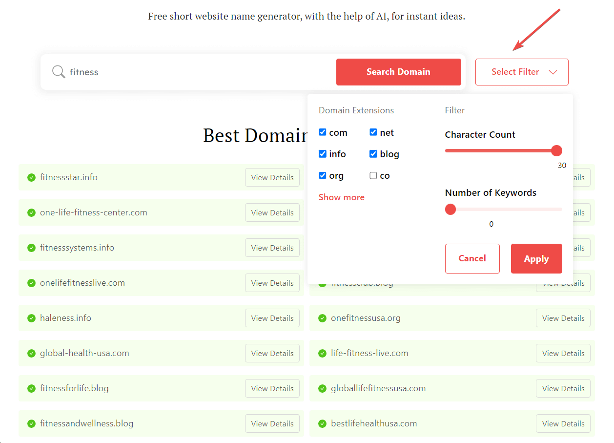 How to start a fitness blog: DomainWheel search filters for domain extensions, character count, and number of keywords