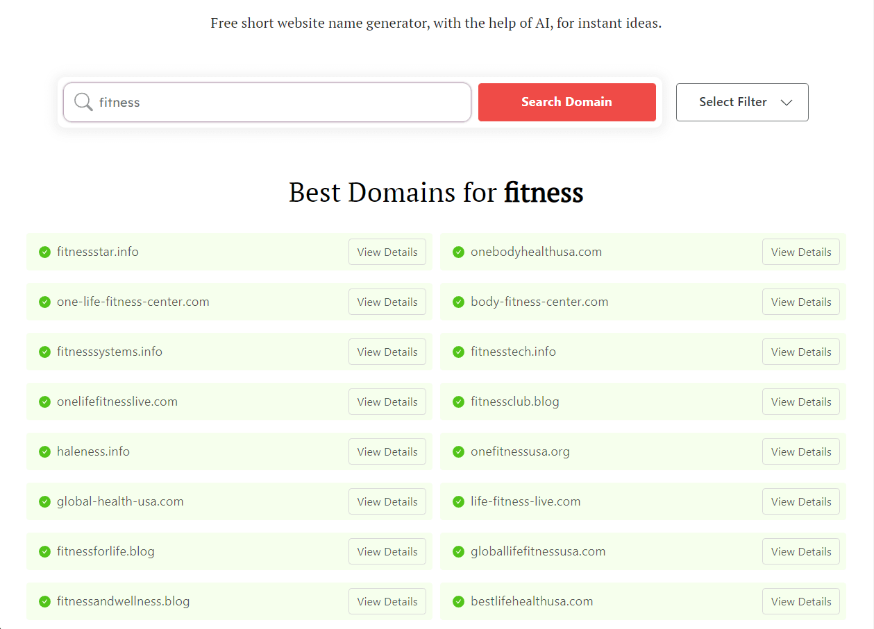 How to start a fitness blog: DomainWheel fitness brand name generator search results for "fitness"