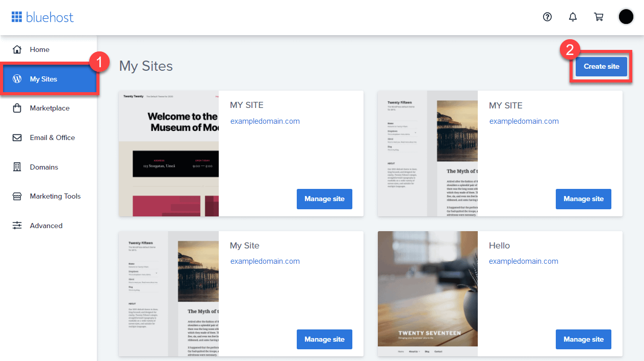 How to make a small business website: Bluehost "My Sites" area with "Create site" button highlighted.