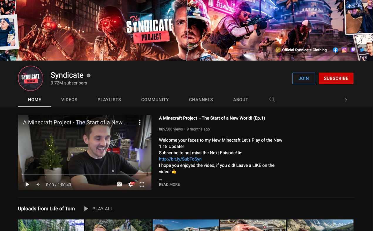 Syndicate YouTube channel's homepage