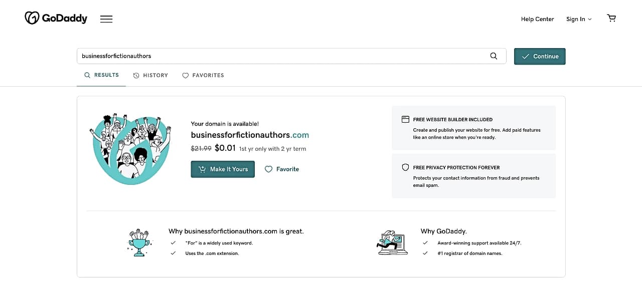 GoDaddy domain search results for "businessforfictionauthors".