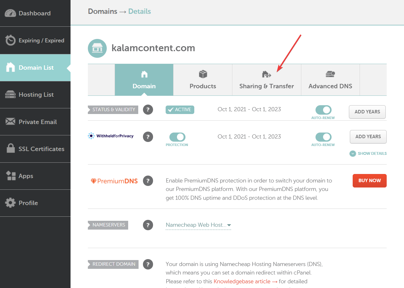 How to transfer a domain name: domain management area of Namecheap with an arrow pointing to the Sharing & Transfer tab