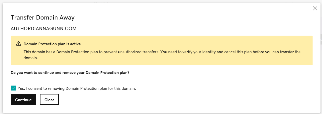 GoDaddy "Transfer Domain Away" box with consent option checked off to allow a GoDaddy to Namecheap domain transfer.