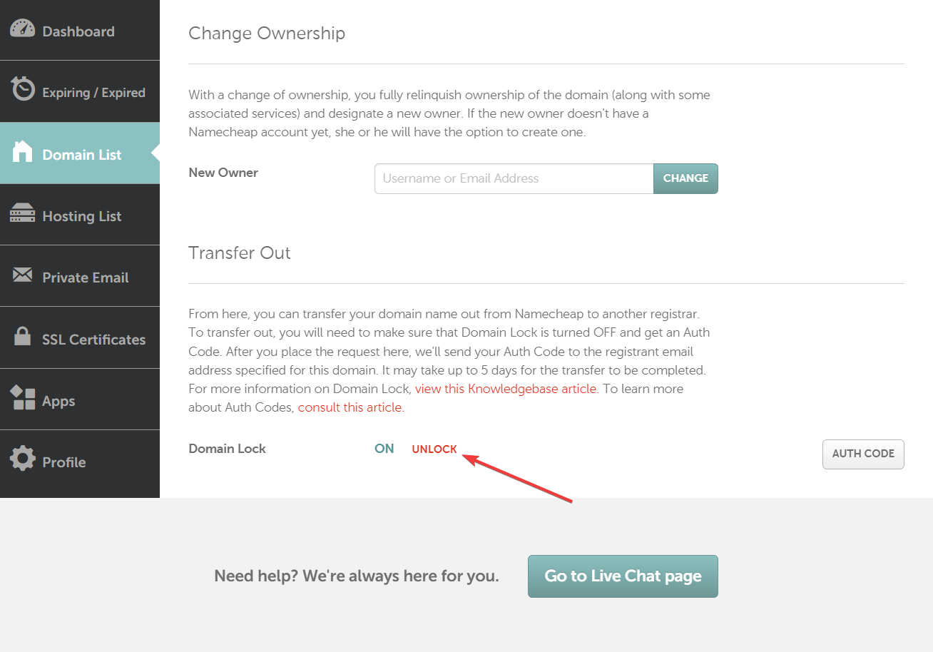How to transfer a domain name: sharing & transfer area of Namecheap with a red arrow pointing to the Unlock button near the bottom of the image