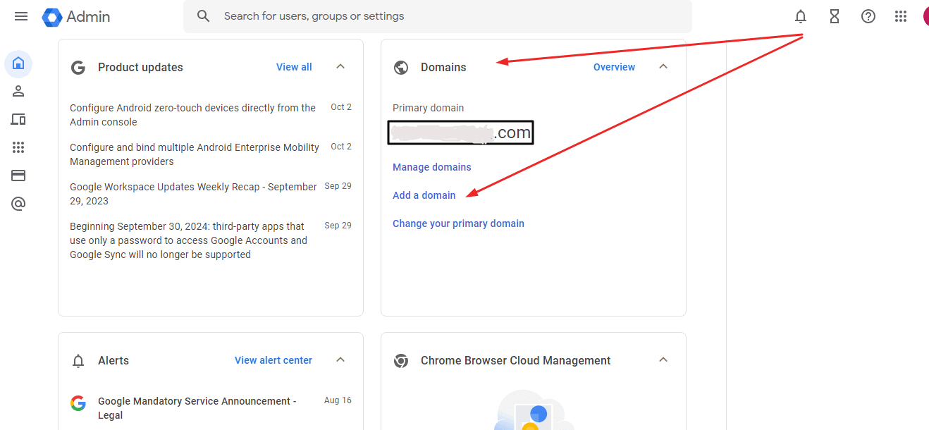 Google Workspace multiple domains, selecting "add a domain".
